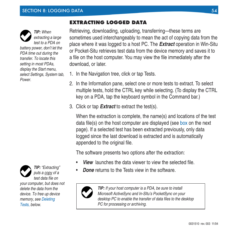 Extracting logged data, Information on | In-Situ Win-Situ 4 / Pocket-Situ 4 Operators Manual User Manual | Page 54 / 111