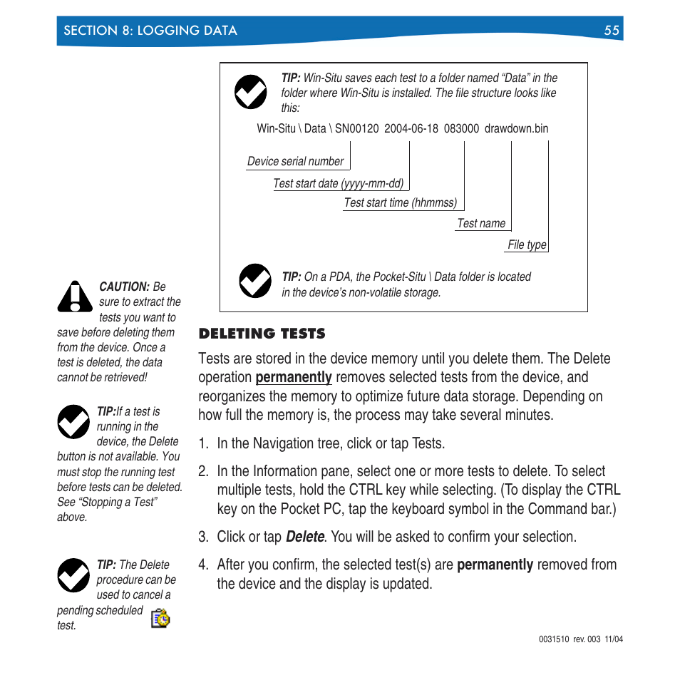 Deleting tests, On the next, Deleting | Tests | In-Situ Win-Situ 4 / Pocket-Situ 4 Operators Manual User Manual | Page 55 / 111