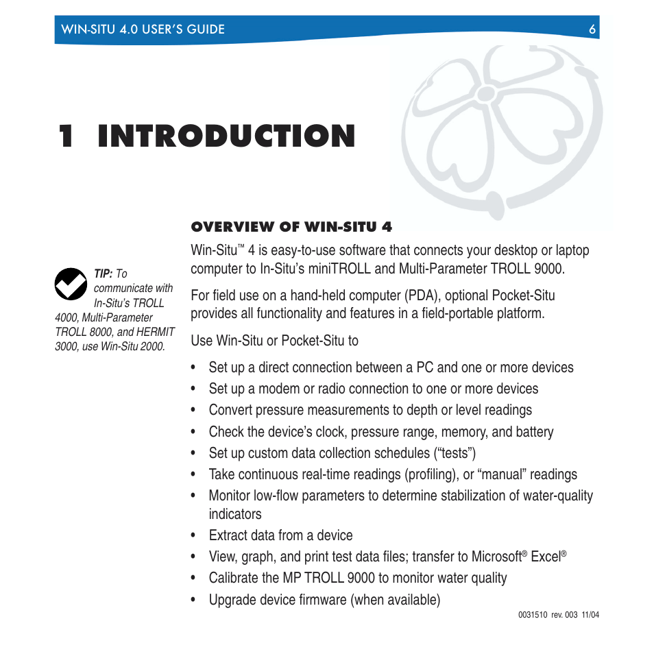 1 introduction, Overview of win-situ 4 | In-Situ Win-Situ 4 / Pocket-Situ 4 Operators Manual User Manual | Page 6 / 111