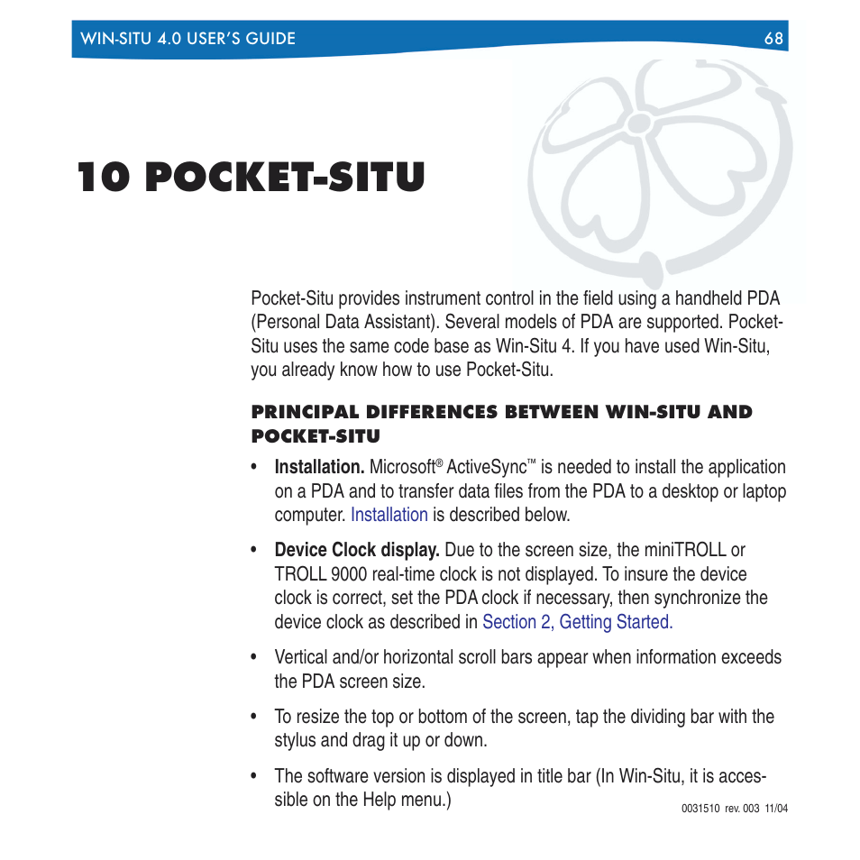 10 pocket -situ, For more information on setting up a pda, refer to, Section 10 | Of this, Manual, 10 pocket-situ | In-Situ Win-Situ 4 / Pocket-Situ 4 Operators Manual User Manual | Page 68 / 111