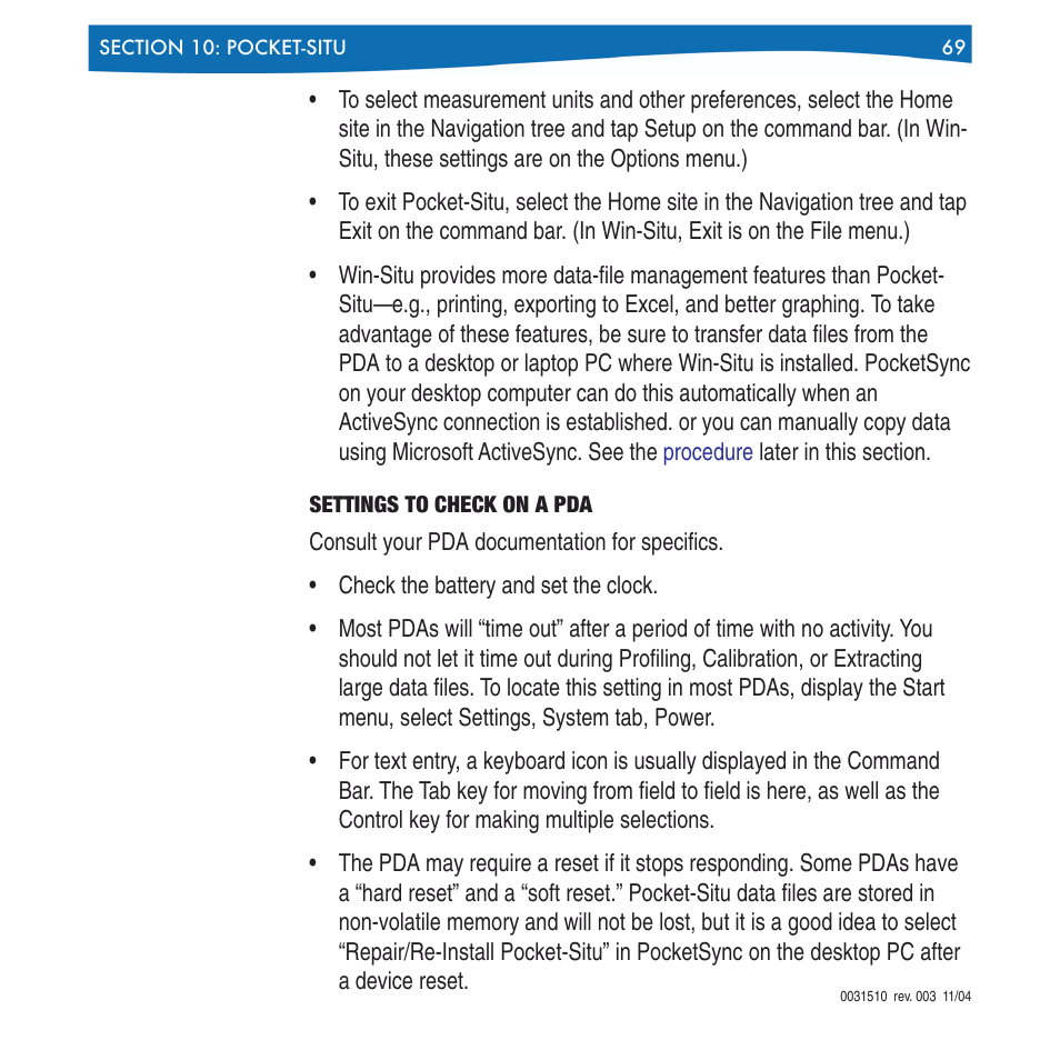 Settings to check on a pda | In-Situ Win-Situ 4 / Pocket-Situ 4 Operators Manual User Manual | Page 69 / 111