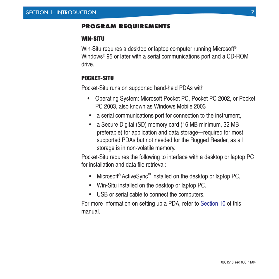 Program requirements, Win-situ pocket-situ | In-Situ Win-Situ 4 / Pocket-Situ 4 Operators Manual User Manual | Page 7 / 111