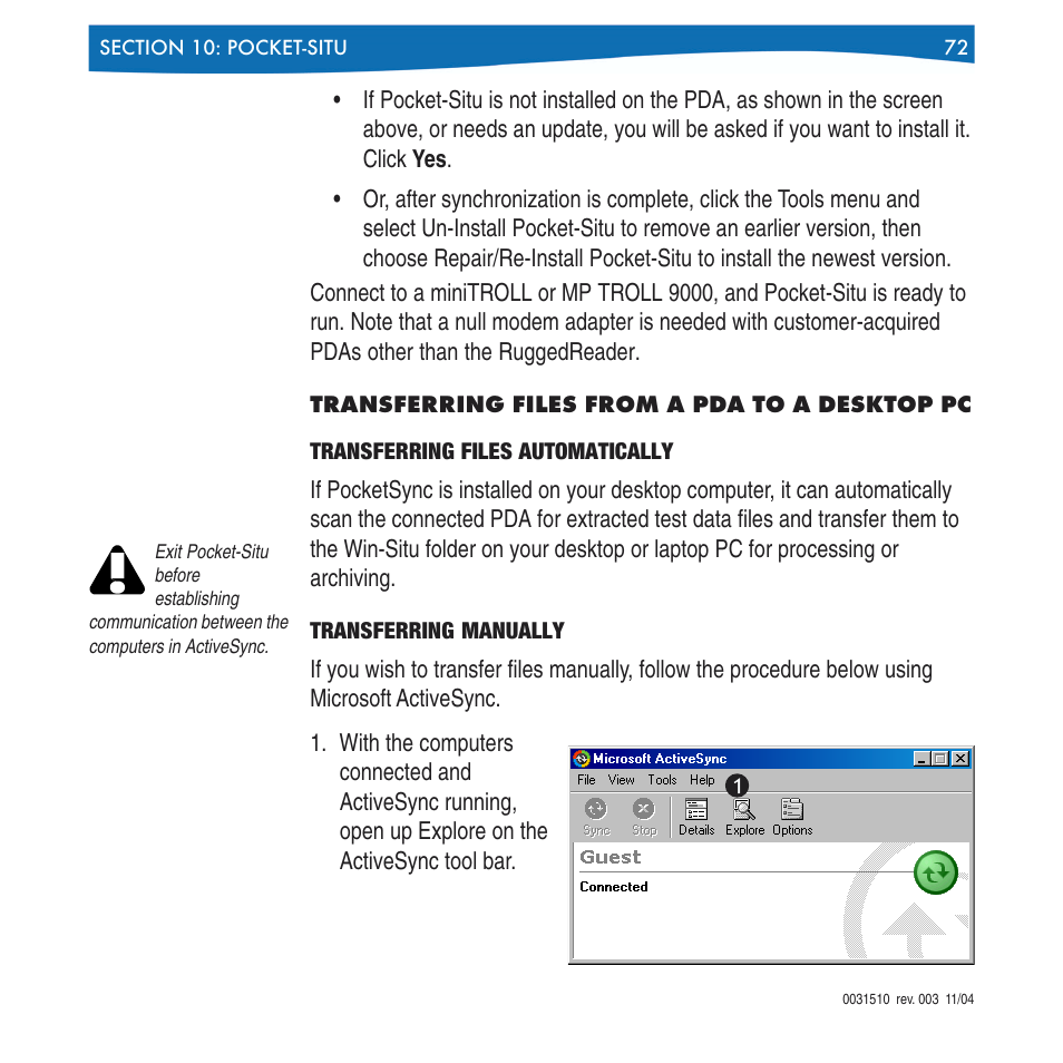 Transferring files from a pda to a desktop pc | In-Situ Win-Situ 4 / Pocket-Situ 4 Operators Manual User Manual | Page 72 / 111