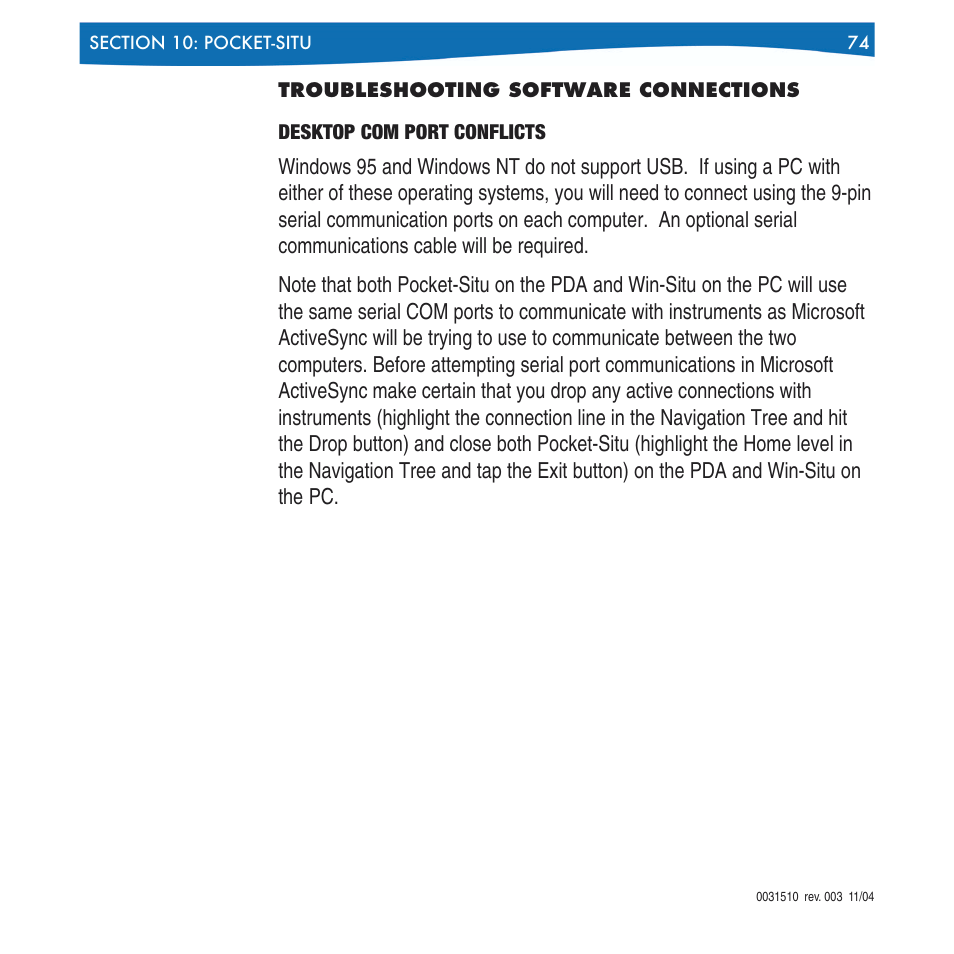 Troubleshooting software connections, Desktop com port conflicts | In-Situ Win-Situ 4 / Pocket-Situ 4 Operators Manual User Manual | Page 74 / 111
