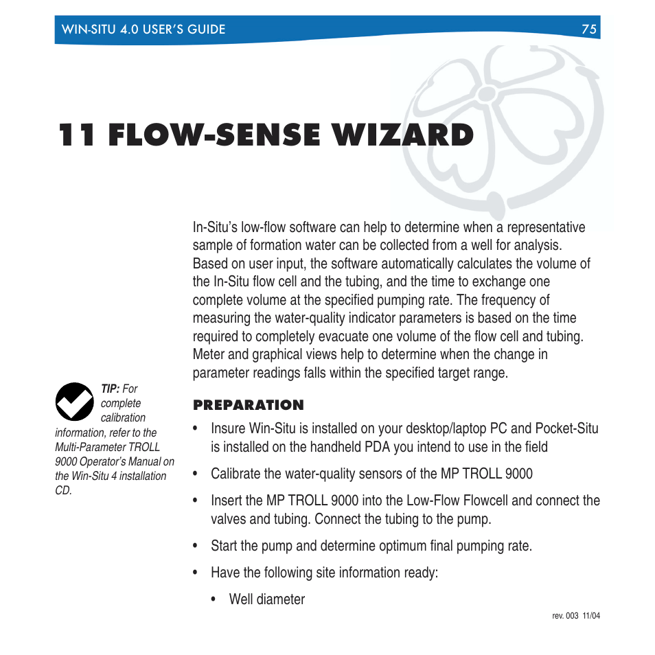 11 flow -sense wizard, Preparation, 11 flow-sense wizard | In-Situ Win-Situ 4 / Pocket-Situ 4 Operators Manual User Manual | Page 75 / 111