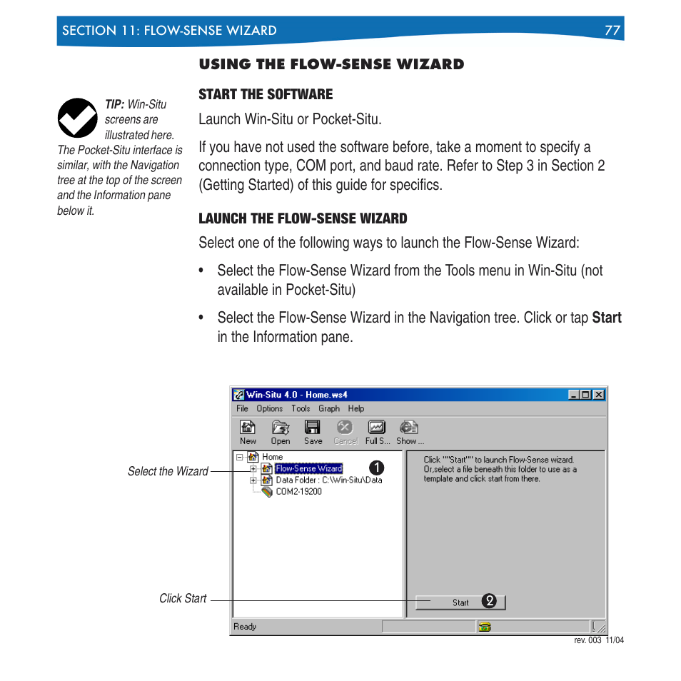 Using the flow-sense wizard, Start the software launch the flow-sense wizard | In-Situ Win-Situ 4 / Pocket-Situ 4 Operators Manual User Manual | Page 77 / 111