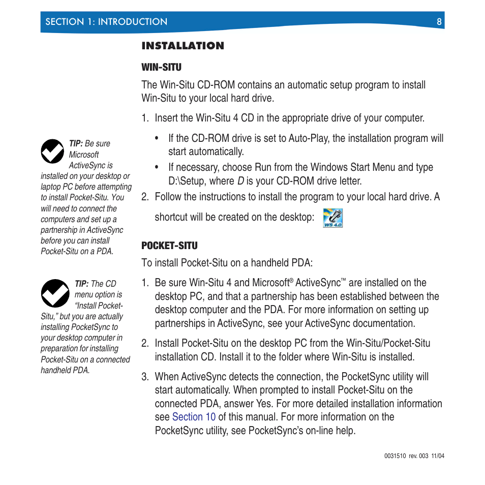 Installation, Win-situ pocket-situ | In-Situ Win-Situ 4 / Pocket-Situ 4 Operators Manual User Manual | Page 8 / 111