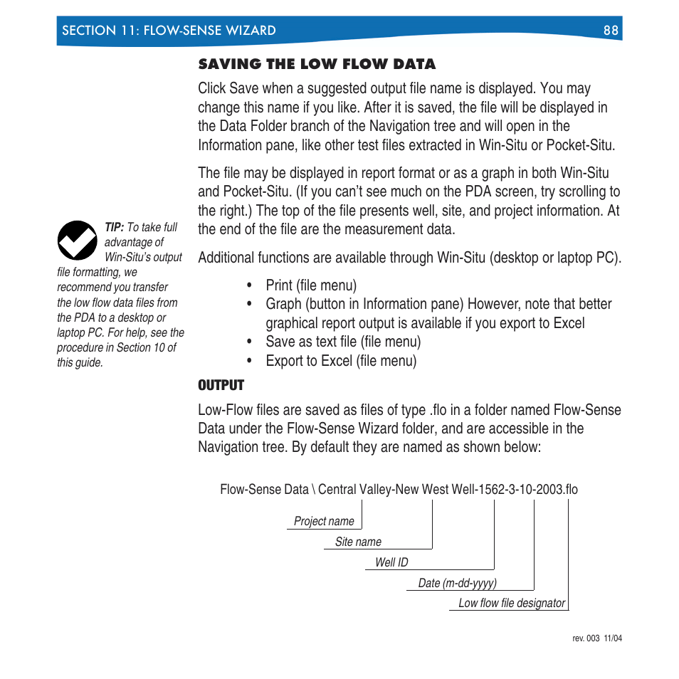 Saving the low flow data, Output | In-Situ Win-Situ 4 / Pocket-Situ 4 Operators Manual User Manual | Page 88 / 111