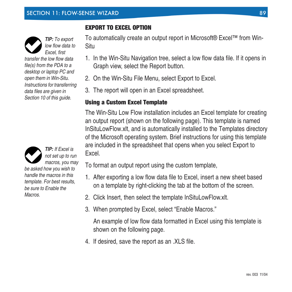 Export to excel option, Using a custom excel template | In-Situ Win-Situ 4 / Pocket-Situ 4 Operators Manual User Manual | Page 89 / 111