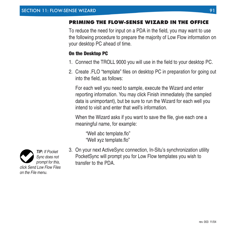 Priming the flow-sense wizard in the office, Which pocket-situ is installed. see, Priming the flow-sense wizard in | The office, At the end of this section | In-Situ Win-Situ 4 / Pocket-Situ 4 Operators Manual User Manual | Page 91 / 111