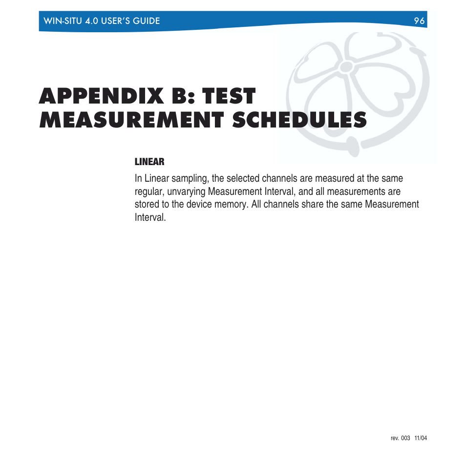 Appendix b: test measurement schedules, Linear | In-Situ Win-Situ 4 / Pocket-Situ 4 Operators Manual User Manual | Page 96 / 111
