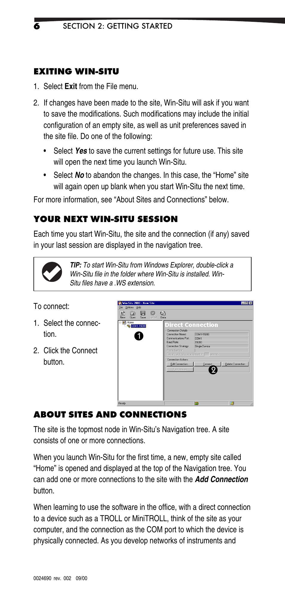 Exiting win-situ, Your next win-situ session, About sites and connections | In-Situ Win-Situ 2000 Operators Manual User Manual | Page 10 / 46