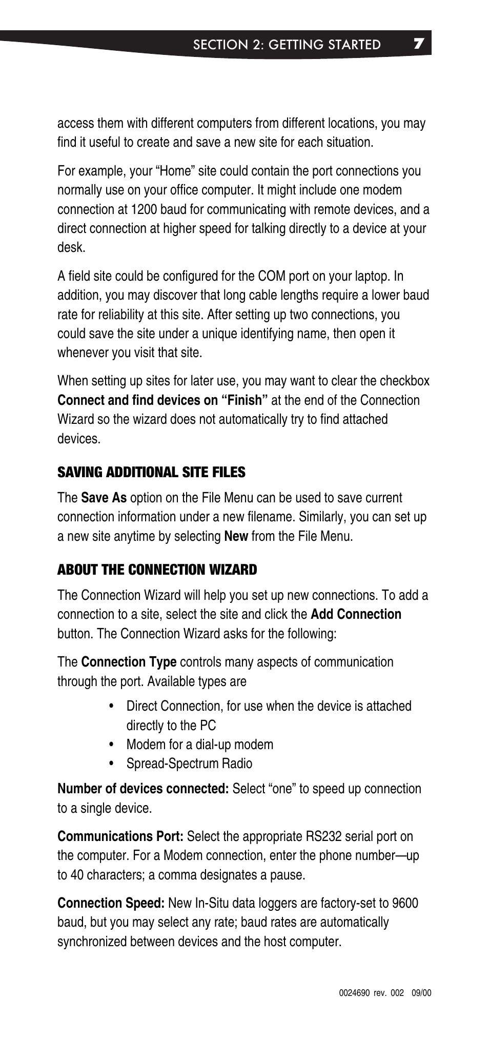 Saving additional site files, About the connection wizard | In-Situ Win-Situ 2000 Operators Manual User Manual | Page 11 / 46