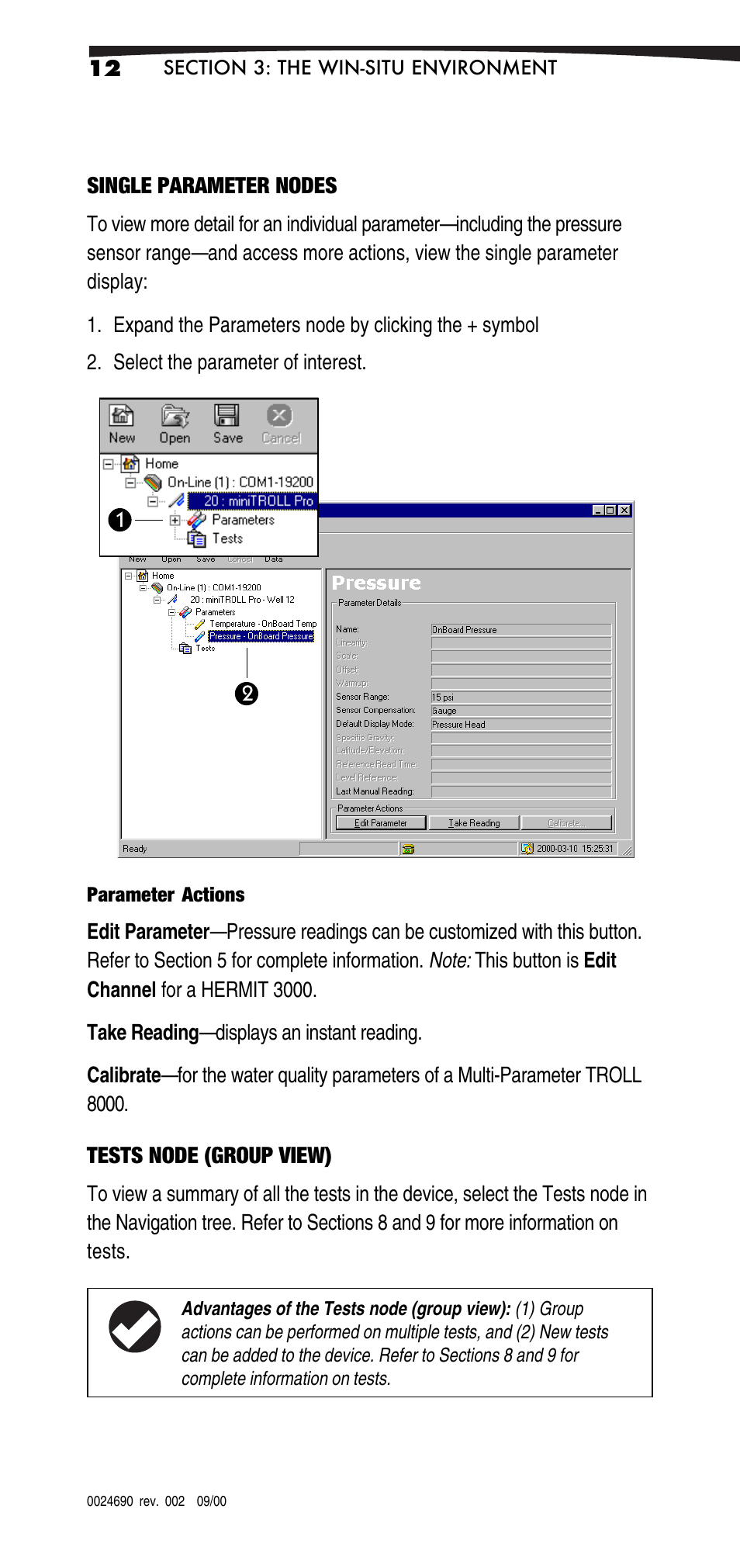 Single parameter nodes, Tests node (group view) | In-Situ Win-Situ 2000 Operators Manual User Manual | Page 16 / 46