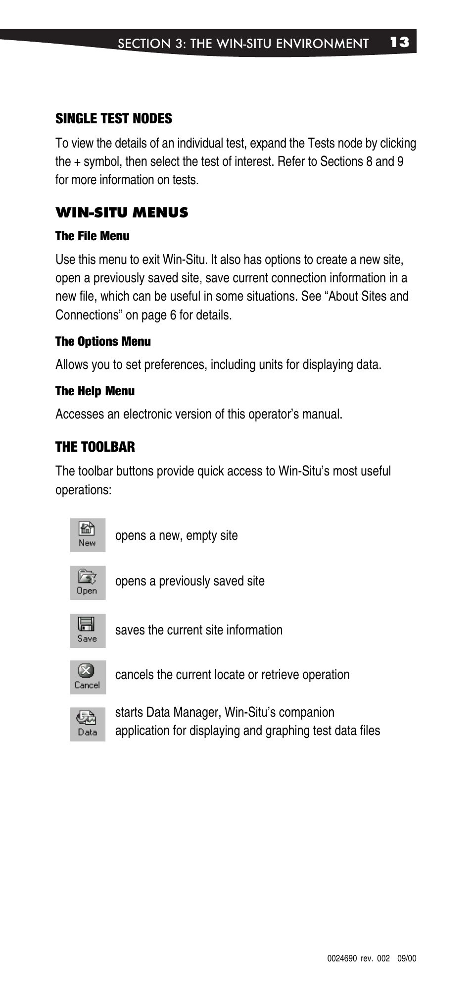 Single test nodes, Win-situ menus, The toolbar | In-Situ Win-Situ 2000 Operators Manual User Manual | Page 17 / 46