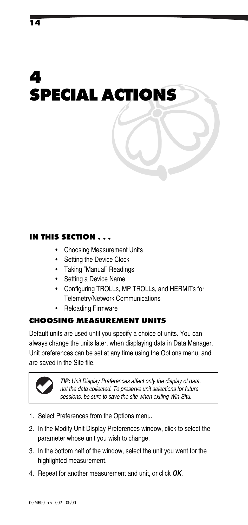 Special actions, Choosing measurement units, 4 special actions | In-Situ Win-Situ 2000 Operators Manual User Manual | Page 18 / 46