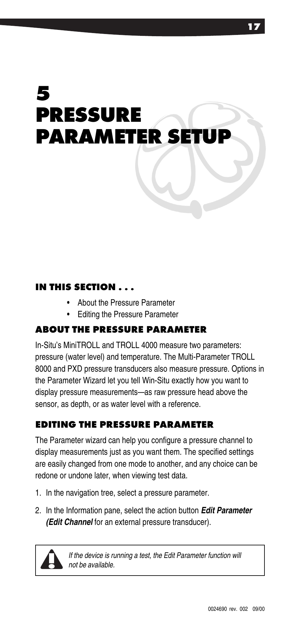 Pressure parameter setup, About the pressure parameter, Editing the pressure parameter | 5 pressure parameter setup | In-Situ Win-Situ 2000 Operators Manual User Manual | Page 21 / 46