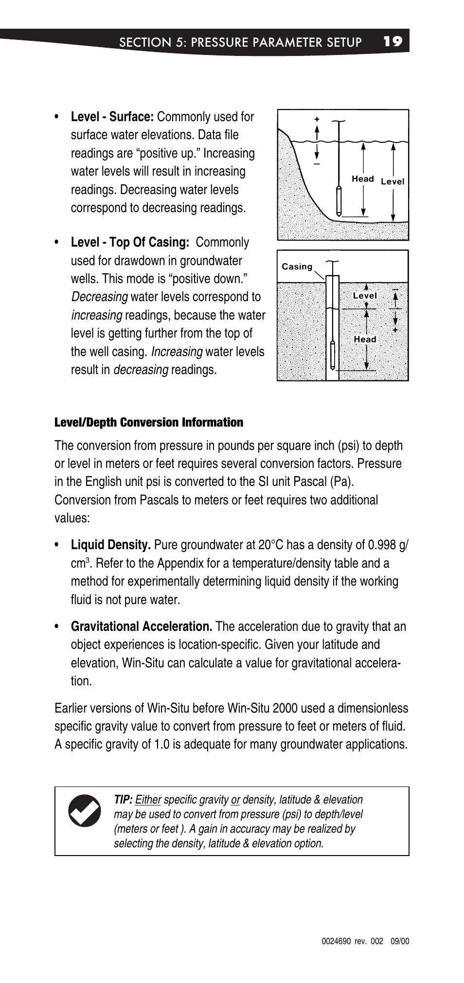 Level/depth conversion information | In-Situ Win-Situ 2000 Operators Manual User Manual | Page 23 / 46