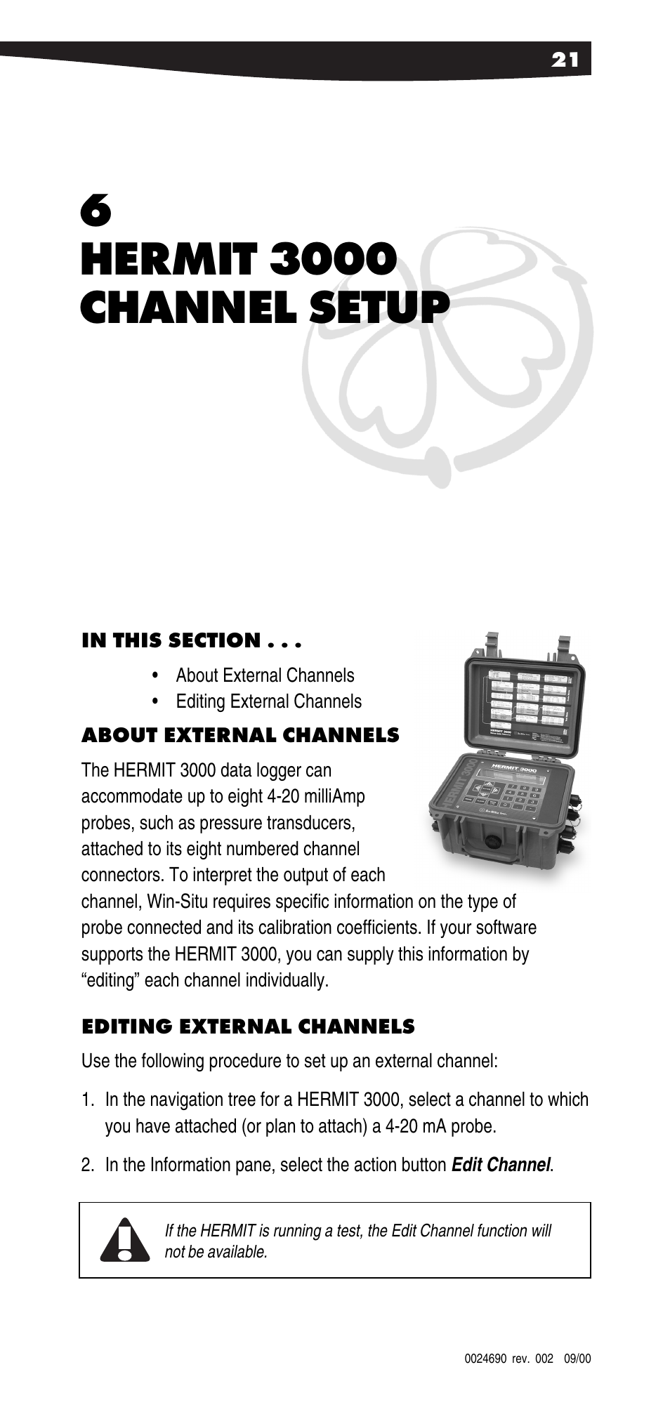 Hermit 3000 channel setup, About external channels, Editing external channels | In-Situ Win-Situ 2000 Operators Manual User Manual | Page 25 / 46