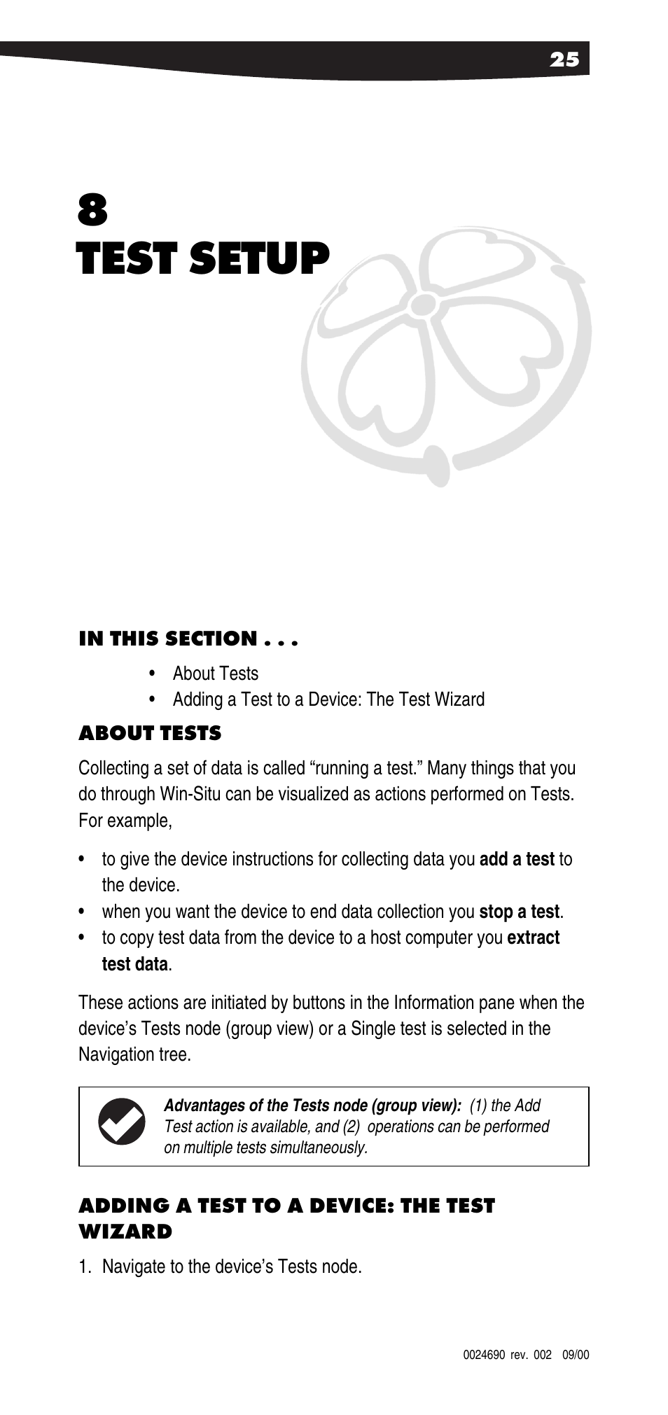 Test setup, About tests, Adding a test to a device: the test wizard | 8 test setup | In-Situ Win-Situ 2000 Operators Manual User Manual | Page 29 / 46