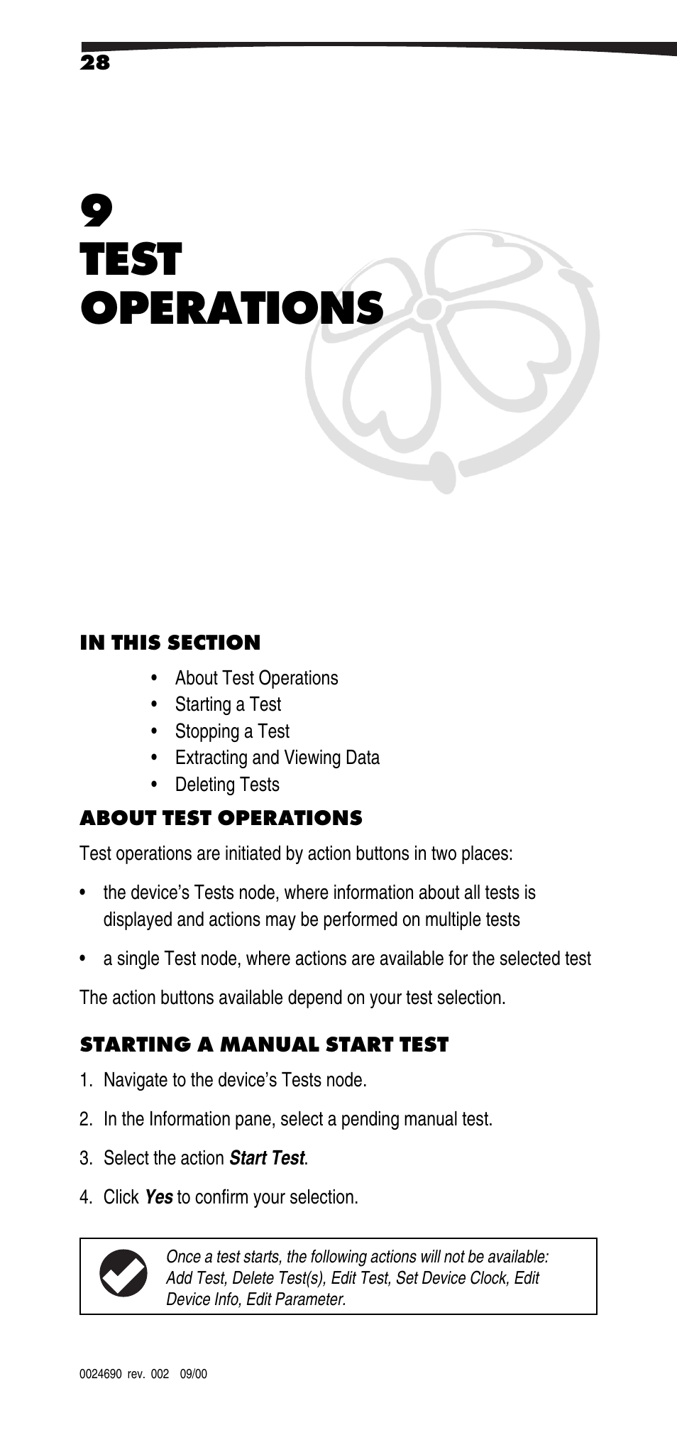Test operations, About test operations, Starting a manual start test | 9 test operations | In-Situ Win-Situ 2000 Operators Manual User Manual | Page 32 / 46