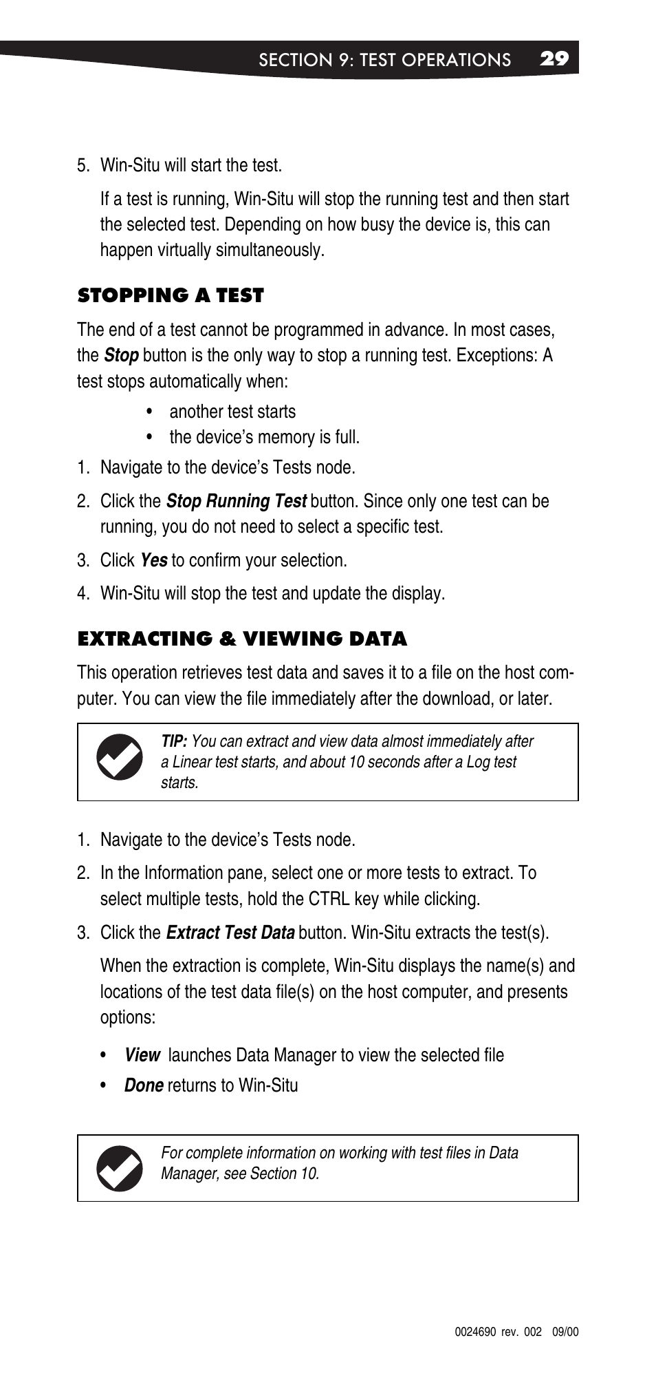 Stopping a test, Extracting & viewing data | In-Situ Win-Situ 2000 Operators Manual User Manual | Page 33 / 46