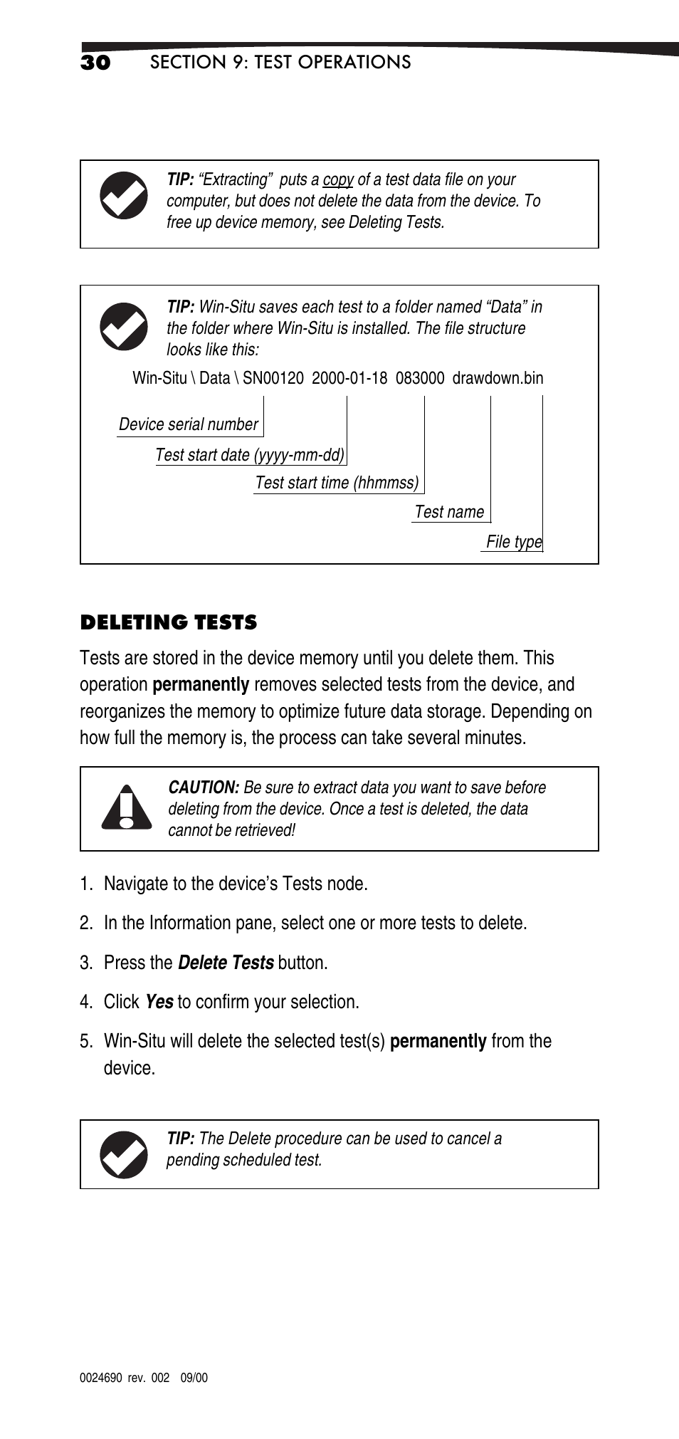 Deleting tests | In-Situ Win-Situ 2000 Operators Manual User Manual | Page 34 / 46