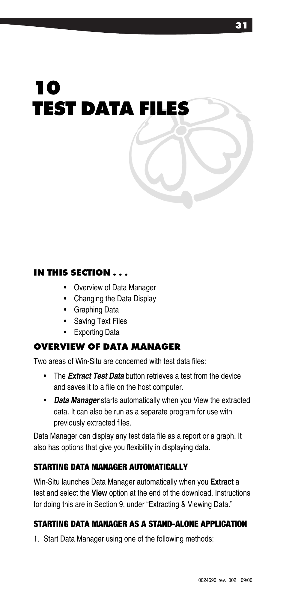 Test data files, Overview of data manager, Starting data manager automatically | Starting data manager as a stand-alone application, 10 test data files | In-Situ Win-Situ 2000 Operators Manual User Manual | Page 35 / 46