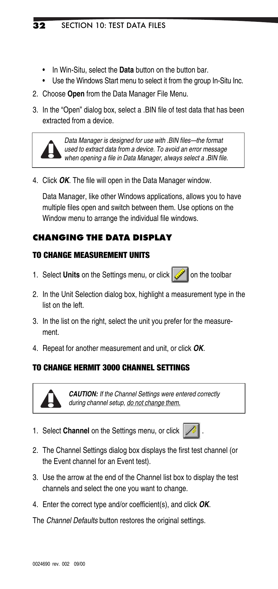 Changing the data display, To change measurement units, To change hermit 3000 channel settings | In-Situ Win-Situ 2000 Operators Manual User Manual | Page 36 / 46