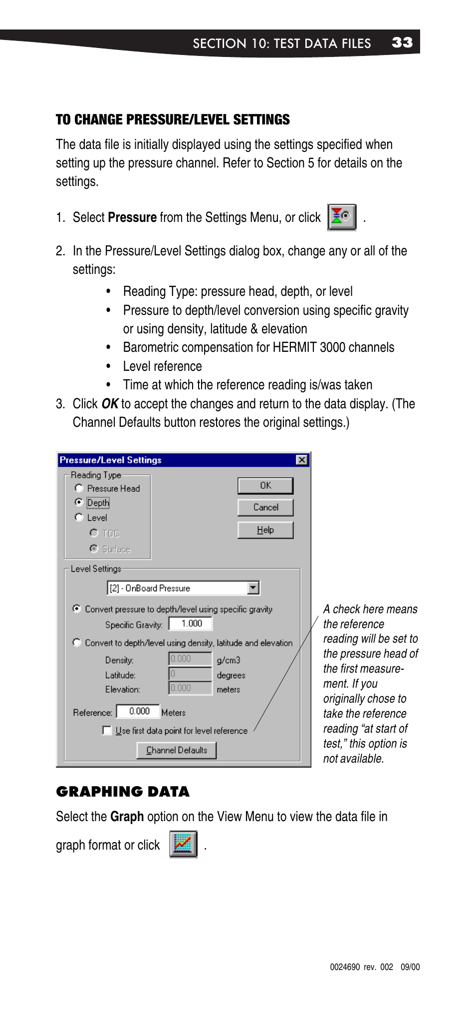 To change pressure/level settings, Graphing data | In-Situ Win-Situ 2000 Operators Manual User Manual | Page 37 / 46