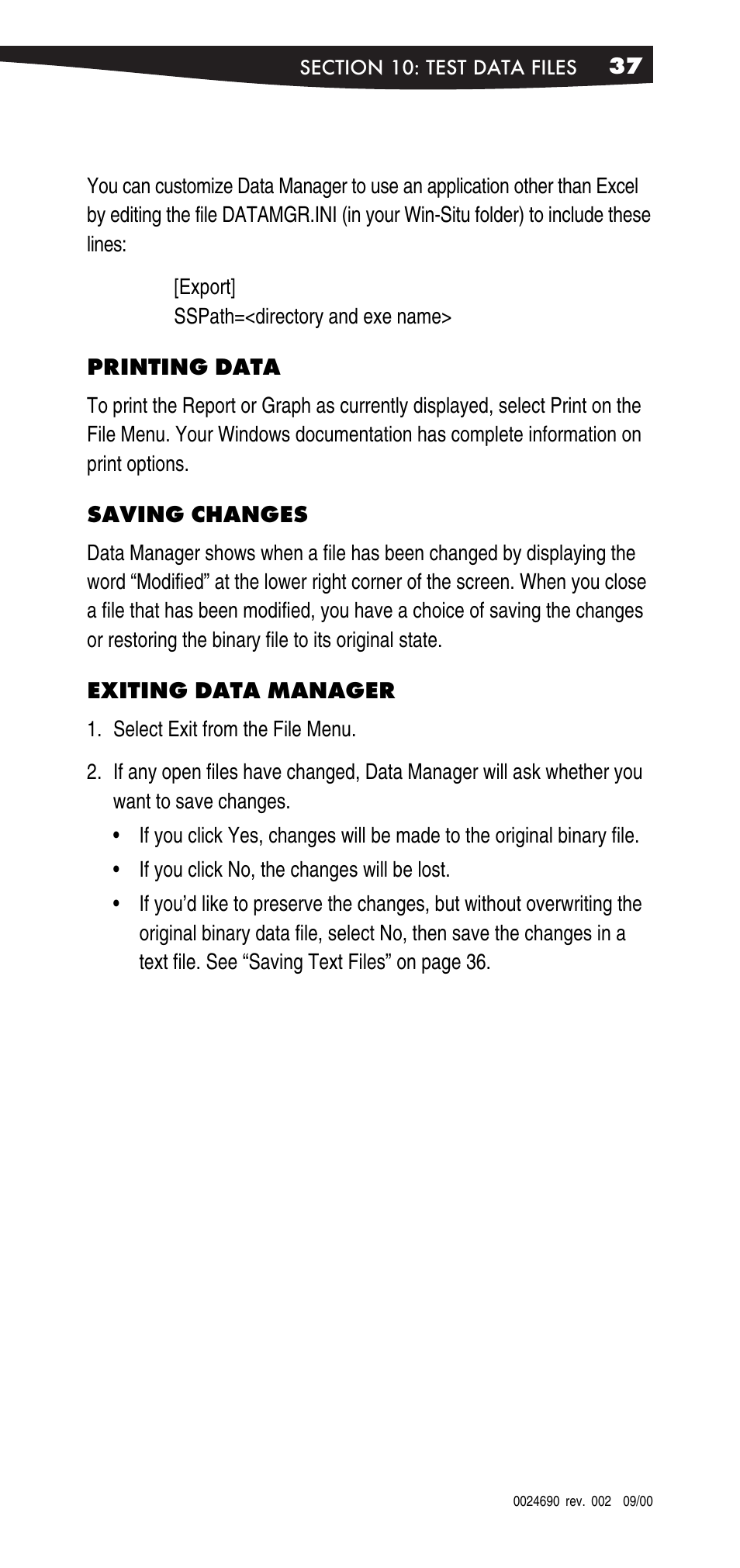 Transferring data to excel, Printing data, Saving changes | Exiting data manager | In-Situ Win-Situ 2000 Operators Manual User Manual | Page 41 / 46