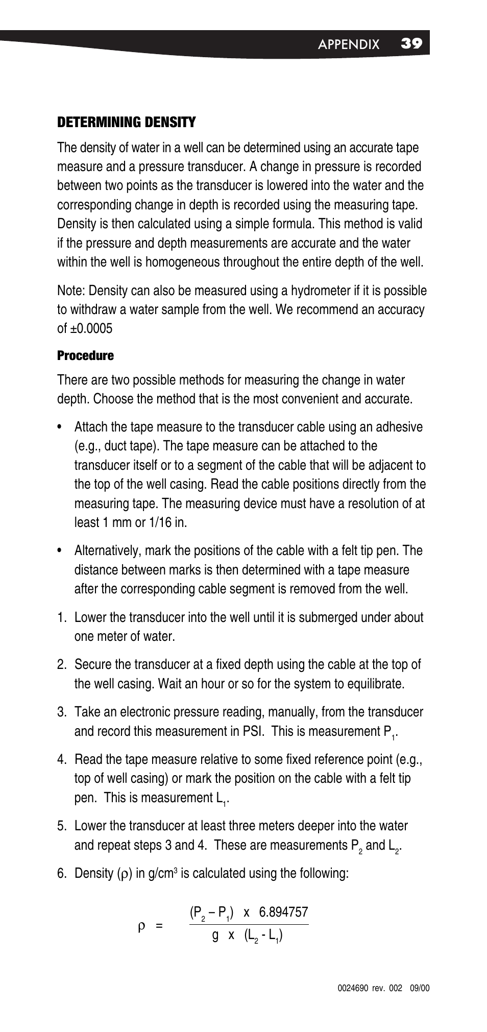 Determining density | In-Situ Win-Situ 2000 Operators Manual User Manual | Page 43 / 46