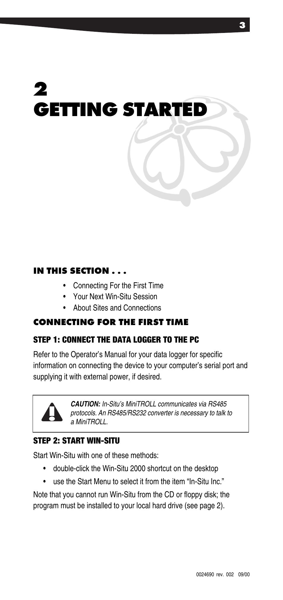 Getting started, Connecting for the first time, Step 1: connect the data logger to the pc | Step 2: start win-situ, 2 getting started | In-Situ Win-Situ 2000 Operators Manual User Manual | Page 7 / 46