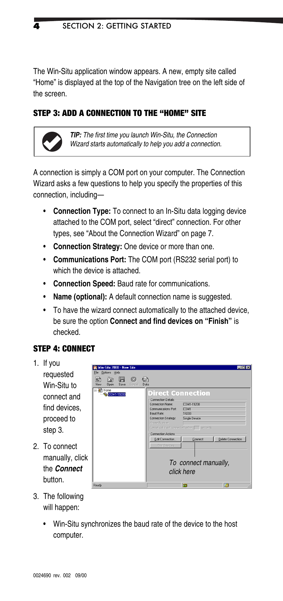 Step 3: add a connection to the "home" site, Step 4: connect | In-Situ Win-Situ 2000 Operators Manual User Manual | Page 8 / 46
