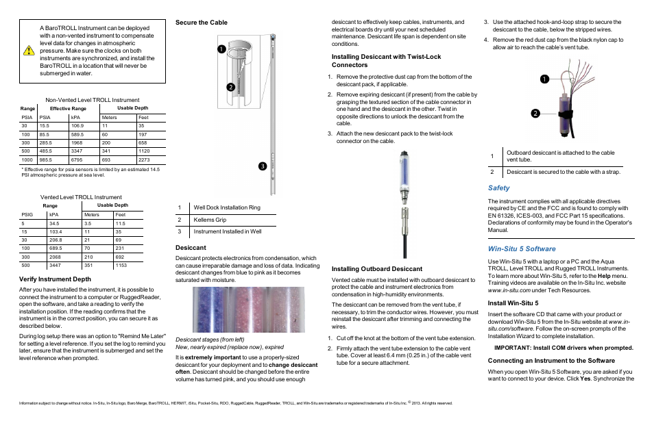 Verify instrument depth, Secure the cable, Desiccant | Installing desiccant with twist-lock connectors, Installing outboard desiccant, 5 safety, 6 win-situ 5 software, Install win-situ 5, Connecting an instrument to the software, Safety | In-Situ Level TROLL 400/500/700/700H Quick Start Guide User Manual | Page 2 / 4