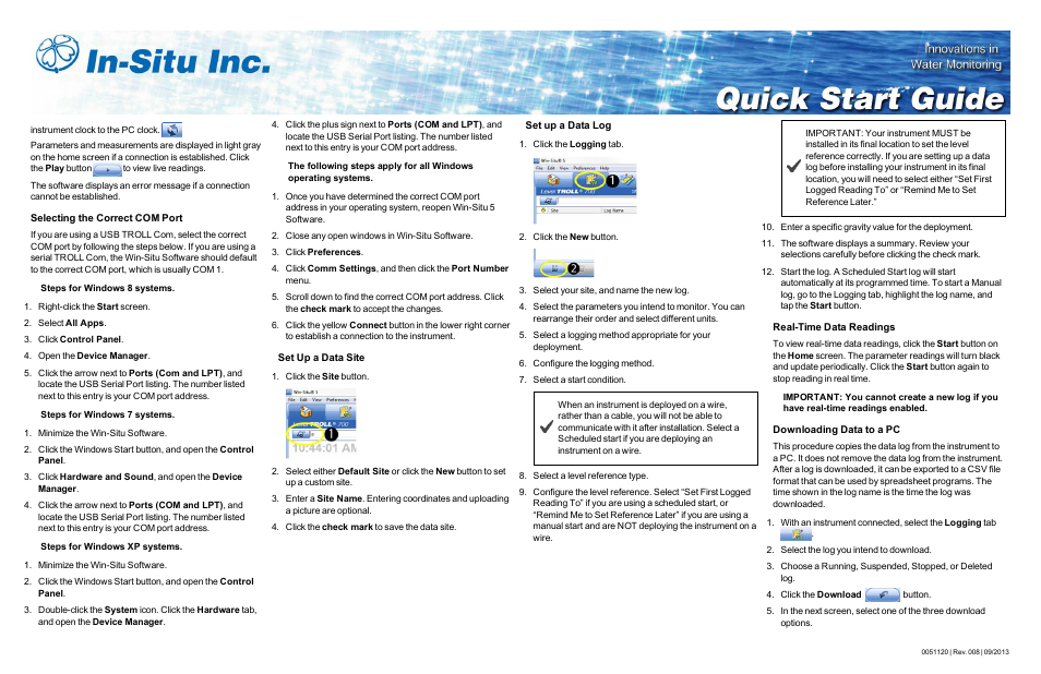 Selecting the correct com port, Set up a data site, Set up a data log | Real-time data readings, Downloading data to a pc | In-Situ Level TROLL 400/500/700/700H Quick Start Guide User Manual | Page 3 / 4