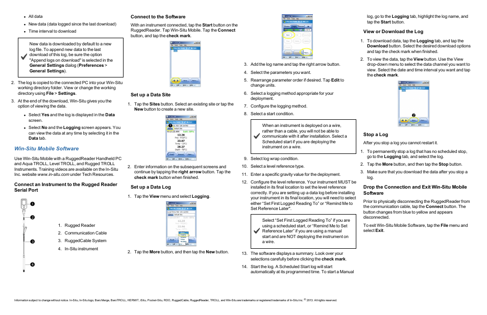 7 win-situ mobile software, Connect to the software, Set up a data site | Set up a data log, View or download the log, Stop a log, Win-situ mobile software | In-Situ Level TROLL 400/500/700/700H Quick Start Guide User Manual | Page 4 / 4