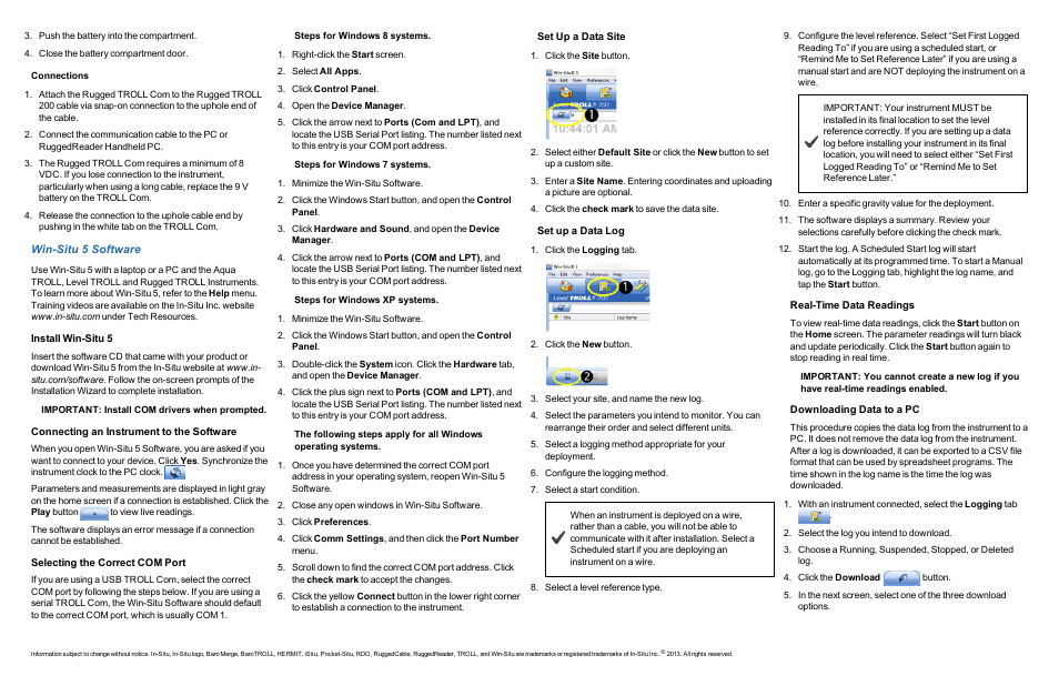 Connections, 3 win-situ 5 software, Install win-situ 5 | Connecting an instrument to the software, Selecting the correct com port, Set up a data site, Set up a data log, Real-time data readings, Downloading data to a pc, Win-situ 5 software | In-Situ Rugged TROLL Quick Start Guide User Manual | Page 2 / 4