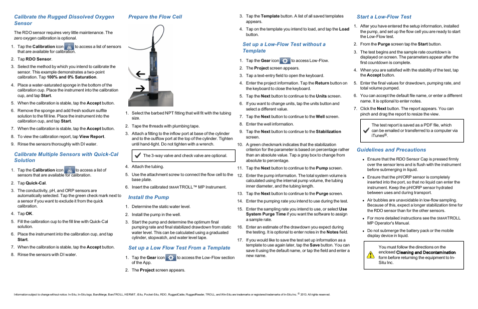 9 calibrate the rugged dissolved oxygen sensor, 11 prepare the flow cell, 12 install the pump | 13 set up a low flow test from a template, 14 set up a low-flow test without a template, 15 start a low-flow test, 16 guidelines and precautions, Calibrate the rugged dissolved oxygen sensor, Calibrate multiple sensors with quick-cal solution, Prepare the flow cell | In-Situ smarTROLL Low-Flow Sampling System Quick Start Guide User Manual | Page 2 / 2