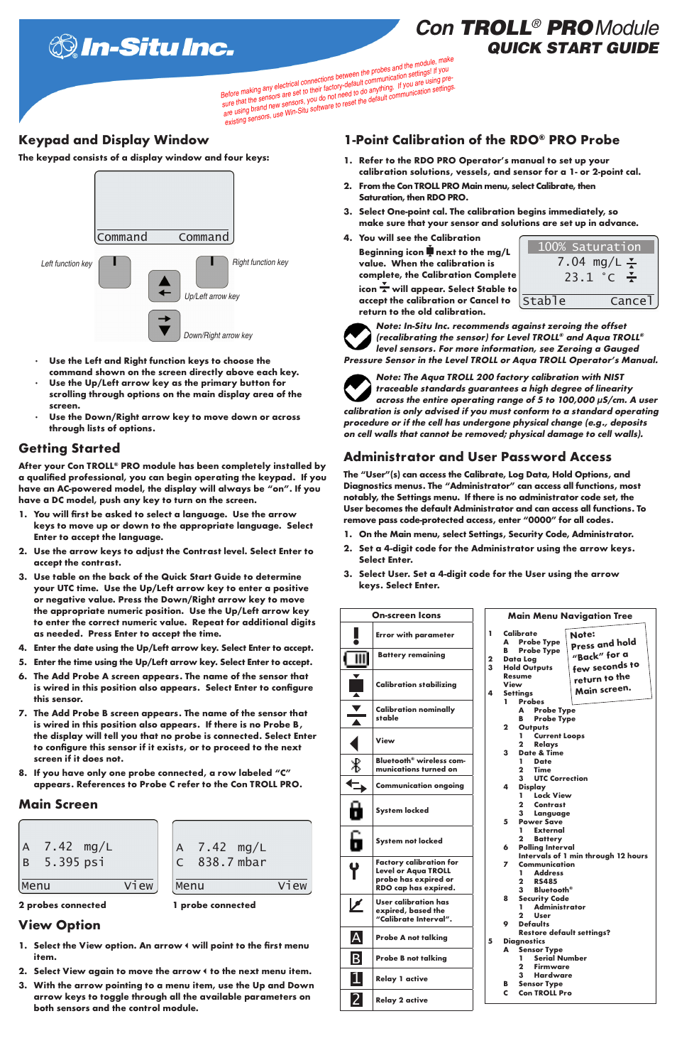 In-Situ Con TROLL PRO Operators Quick Start Guide (purchased before 10 May 2012) User Manual | 2 pages