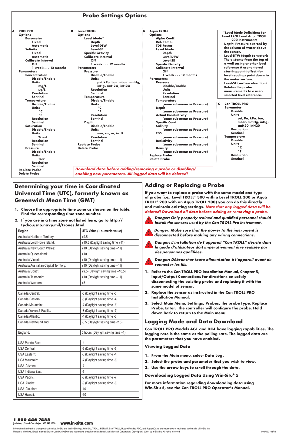 Adding or replacing a probe, Logging mode and data download, Probe settings options | Viewing logged data, Downloading logged data using win-situ | In-Situ Con TROLL PRO Operators Quick Start Guide (purchased before 10 May 2012) User Manual | Page 2 / 2