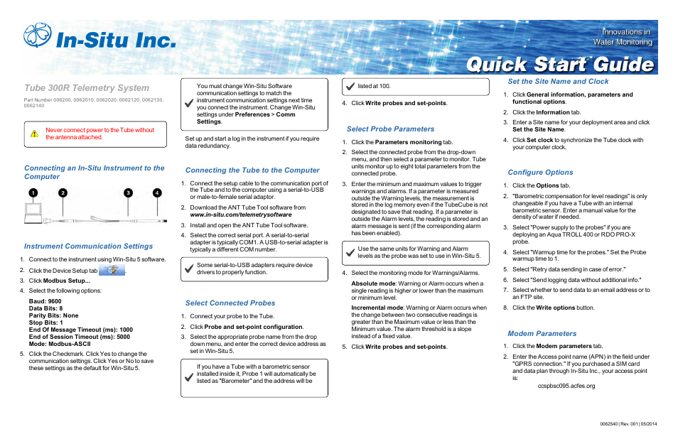 In-Situ Telemetry System: Tube 300R Quick Start Guide User Manual | 2 pages