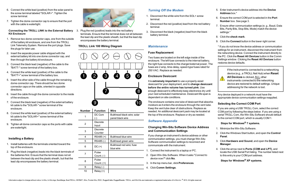 Turning off the modem, Maintenance, Software appendix | In-Situ TROLL Link 100 Quick Start Guide User Manual | Page 3 / 4