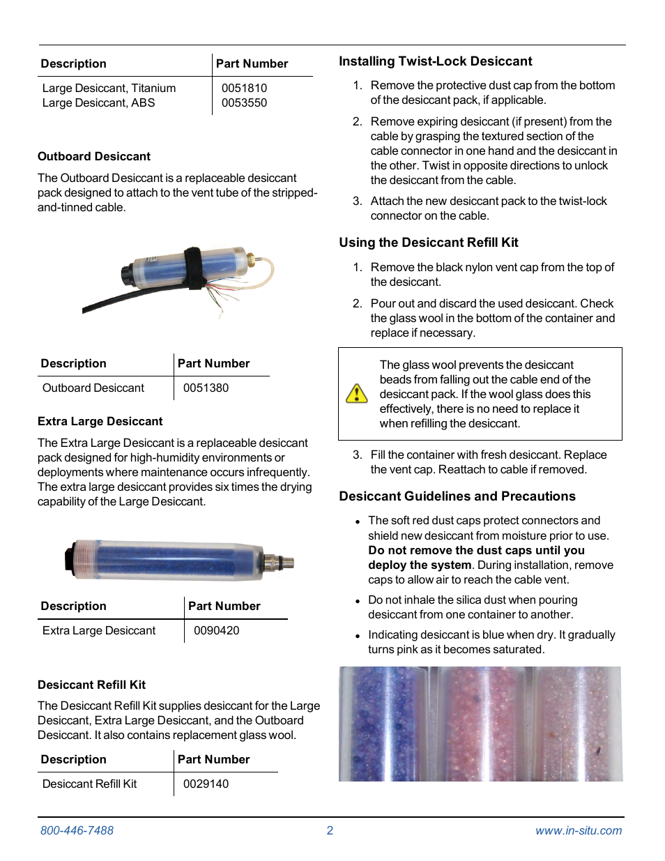 Outboard desiccant, Extra large desiccant, Desiccant refill kit | Installing twist-lock desiccant, Using the desiccant refill kit, Desiccant guidelines and precautions, Instruction sheet | In-Situ Level TROLL Data Loggers Care & Maintenance Guide User Manual | Page 2 / 6