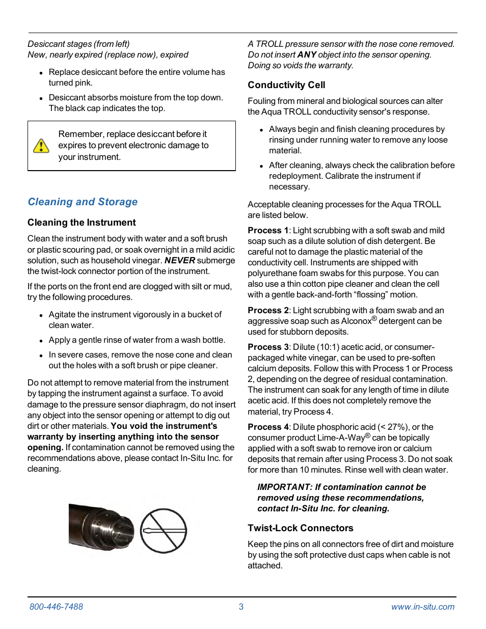 3 cleaning and storage, Cleaning the instrument, Conductivity cell | Twist-lock connectors, Instruction sheet, Cleaning and storage | In-Situ Level TROLL Data Loggers Care & Maintenance Guide User Manual | Page 3 / 6