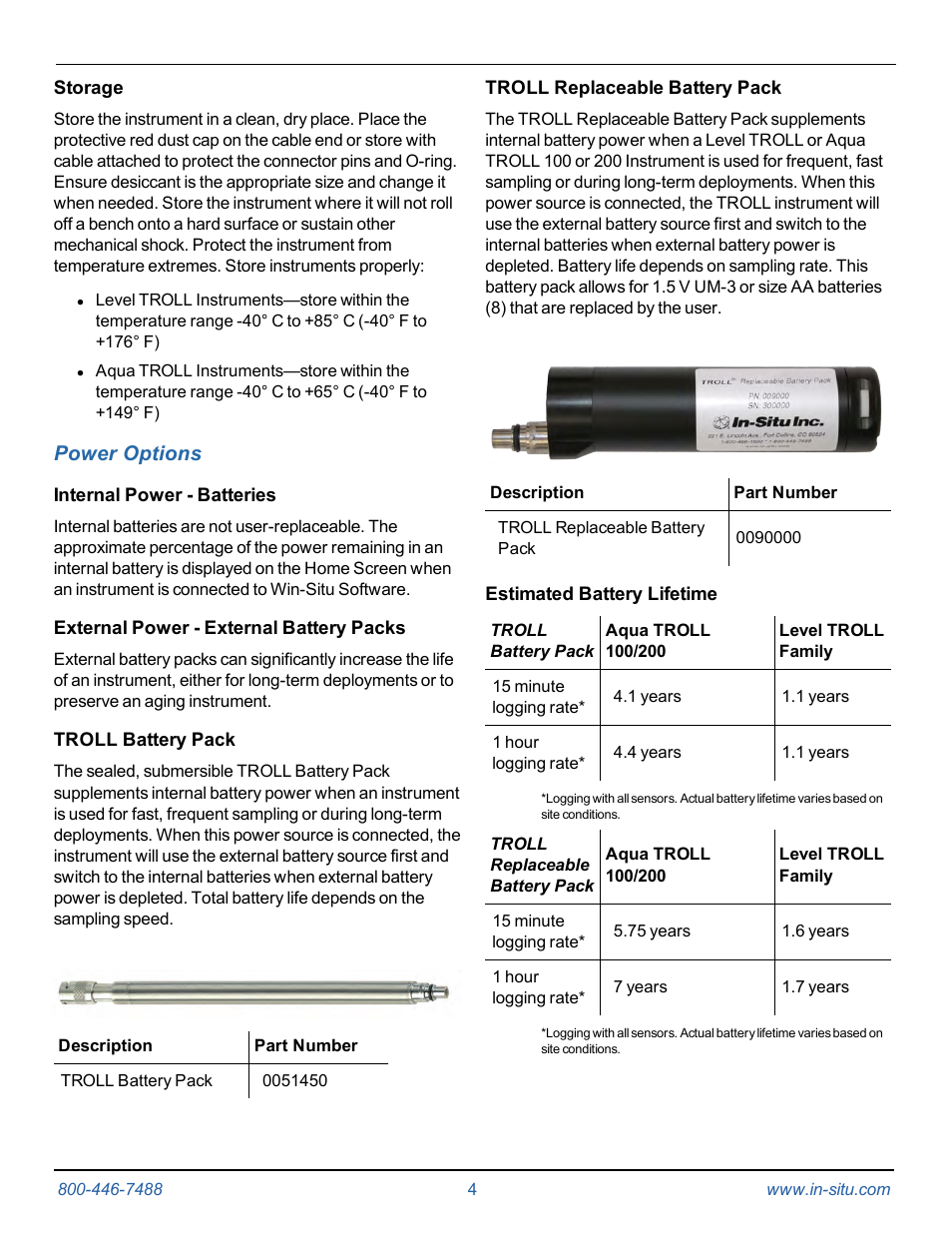 Storage, 4 power options, Internal power - batteries | External power - external battery packs, Troll battery pack, Troll replaceable battery pack, Estimated battery lifetime, Instruction sheet | In-Situ Level TROLL Data Loggers Care & Maintenance Guide User Manual | Page 4 / 6