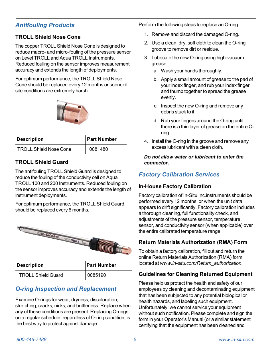 5 antifouling products, Troll shield nose cone, Troll shield guard | 6 o-ring inspection and replacement, 7 factory calibration services, In-house factory calibration, Return materials authorization (rma) form, Guidelines for cleaning returned equipment, Instruction sheet | In-Situ Level TROLL Data Loggers Care & Maintenance Guide User Manual | Page 5 / 6