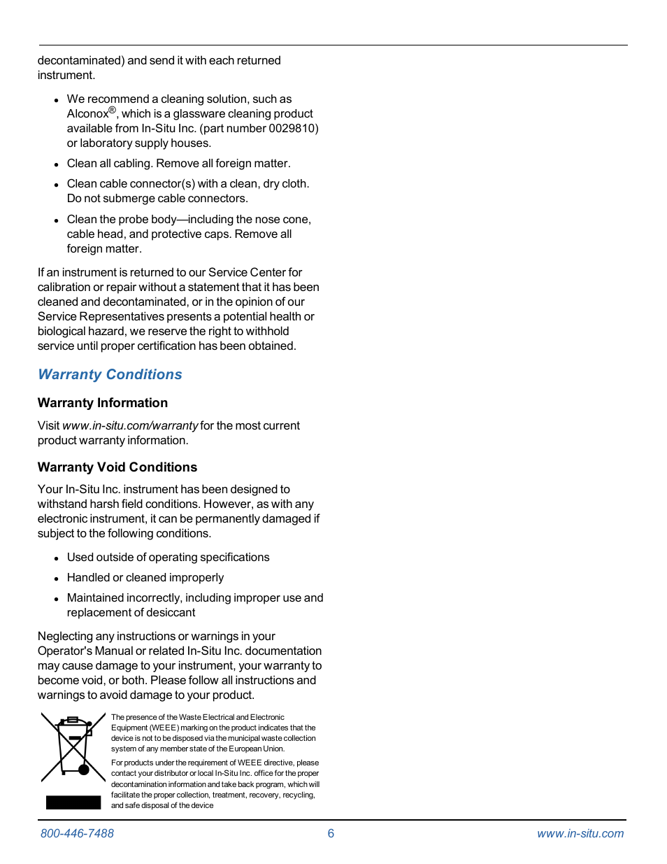 8 warranty conditions, Warranty information, Warranty void conditions | Instruction sheet, Warranty conditions | In-Situ Level TROLL Data Loggers Care & Maintenance Guide User Manual | Page 6 / 6