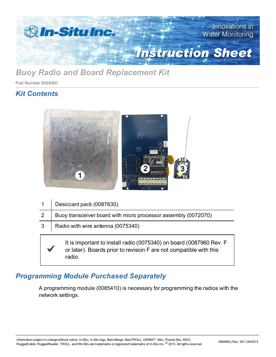 In-Situ Buoy Radio & Board Replacement Kit User Manual | 6 pages