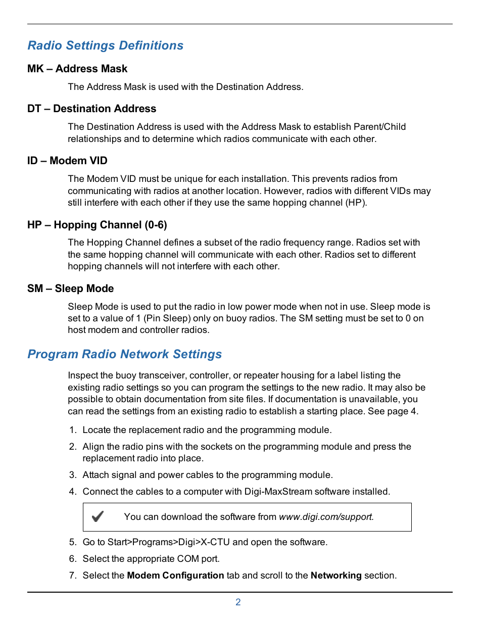 3 radio settings definitions, 4 program radio network settings, Radio settings definitions | Program radio network settings | In-Situ Buoy Radio & Board Replacement Kit User Manual | Page 2 / 6